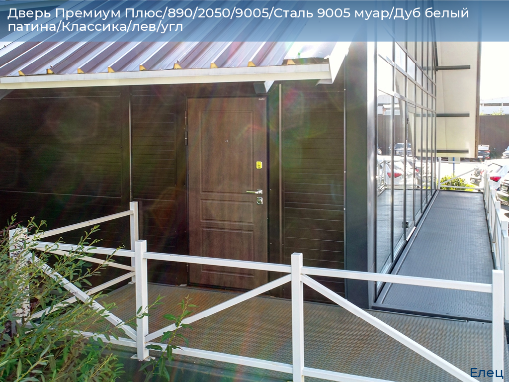 Дверь Премиум Плюс/890/2050/9005/Сталь 9005 муар/Дуб белый патина/Классика/лев/угл, elets.doorhan.ru